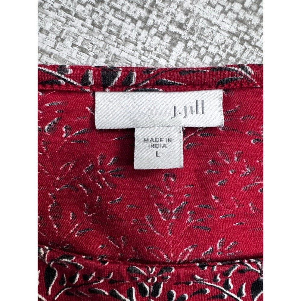 J Jill Popover Top Size Large Red Black Floral Print Soft Modal Knit Bell Slv - Picture 10 of 10
